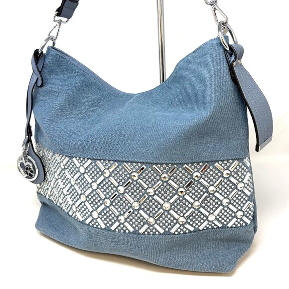 💖HOT! Crystal Embellished Hobo Bag Lite Denim - Picture 1 of 1